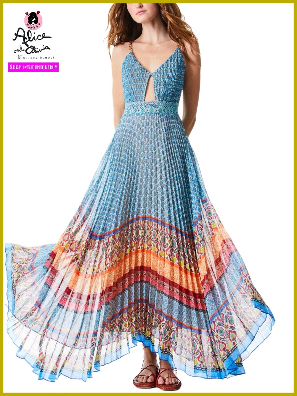 Alice + Olivia Gloria Chain Strap Pleated Floral Maxi Dress